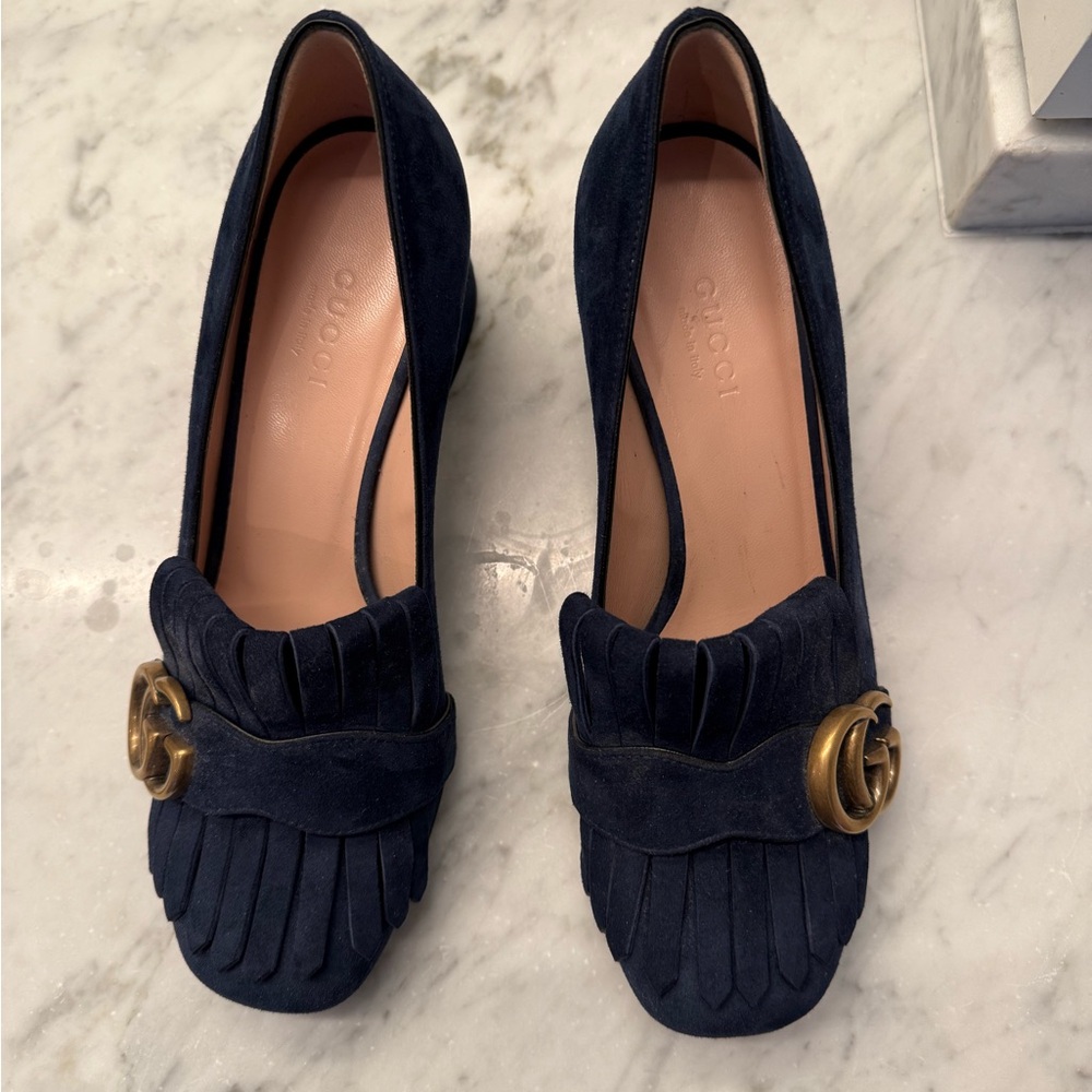 Gucci Women's Dark Blue Suede Loafers with Gold Accent